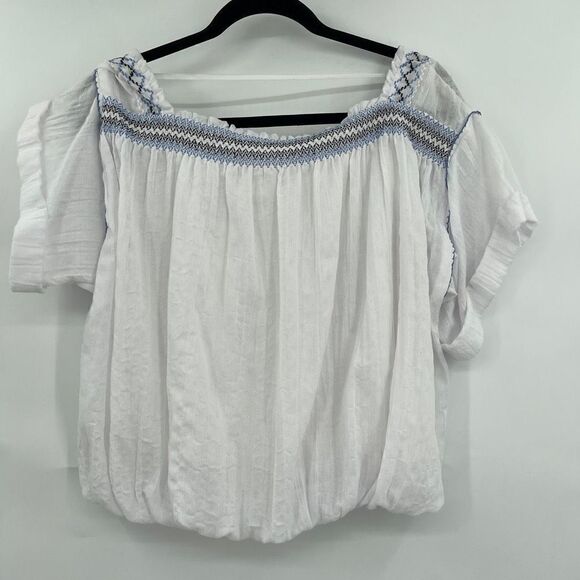 Free People Women's White Square Neck Smocked Short-Sleeve Top Size M - Picture 6 of 7